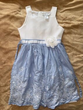Girl’s White & Light Blue Embroidered Floral Dress - 12